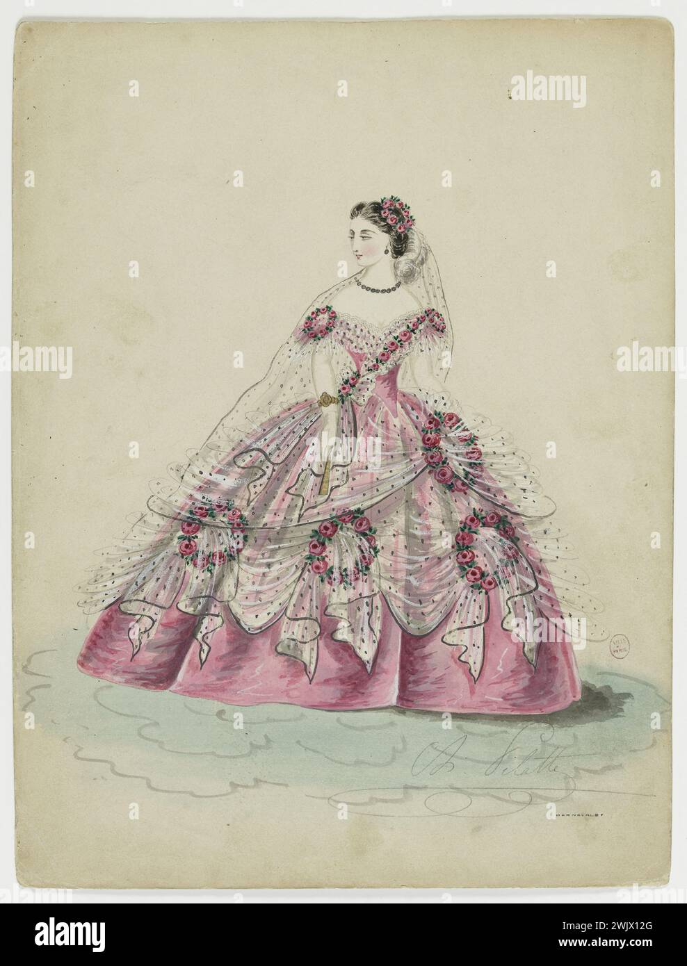 Charles Pilatte for the Ghys house. Model-figure for seamstress. Pink evening dress adorned with rose crowns with shoulders and skirts, white muslin drape, model of Madame Ghys. Watercolor on cardboard. 1860. Galliera, fashion museum of the city of Paris. 37792-12 Watercolor on cardboard, album, crown of roses, seamstress, young woman, house ghys, model-figure, white muslin, evening dress, pink, second empire Stock Photo