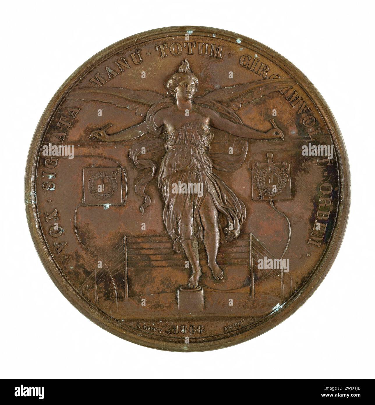 J. F. Antoine Bovy (1795-1877). Medal. Electric telegraph. Metal, bronze.  Museum of Fine Arts of the City of Paris, Petit Palais. 58768-5 Wing,  apparatus, bronze, woman, medal, metal, numismatics, telegraph, electrical  telegraphy