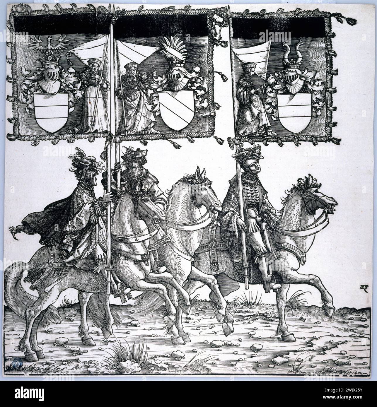 Hans Burgkmair (1473-1531). 'The triumph of Maximilien, three riders with standards'. Wood, 1512-1519. Museum of Fine Arts of the City of Paris, Petit Palais. 38103-5 Archduke Austrician, rider, horse, etndard, Romain, saint Germanic emperor, triumph, wood Stock Photo