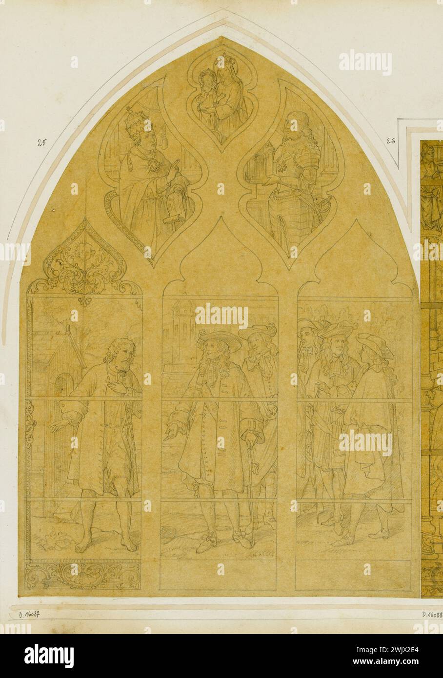 GSELL-Laurent workshop. Album n ° 3; stained glass project; 3 spans window. A pope and Louis XIII adoring the Virgin and the Child, Louis XIV (?) And a hermit (?). Pencil on layer. Paris, Carnavalet museum. Adoir, album n ° 3, worship, bourbon, catholic, chretian, pencil on layer, child, hermit, son god, window, pope, project, french king, travee, three, virgin, stained glass Stock Photo