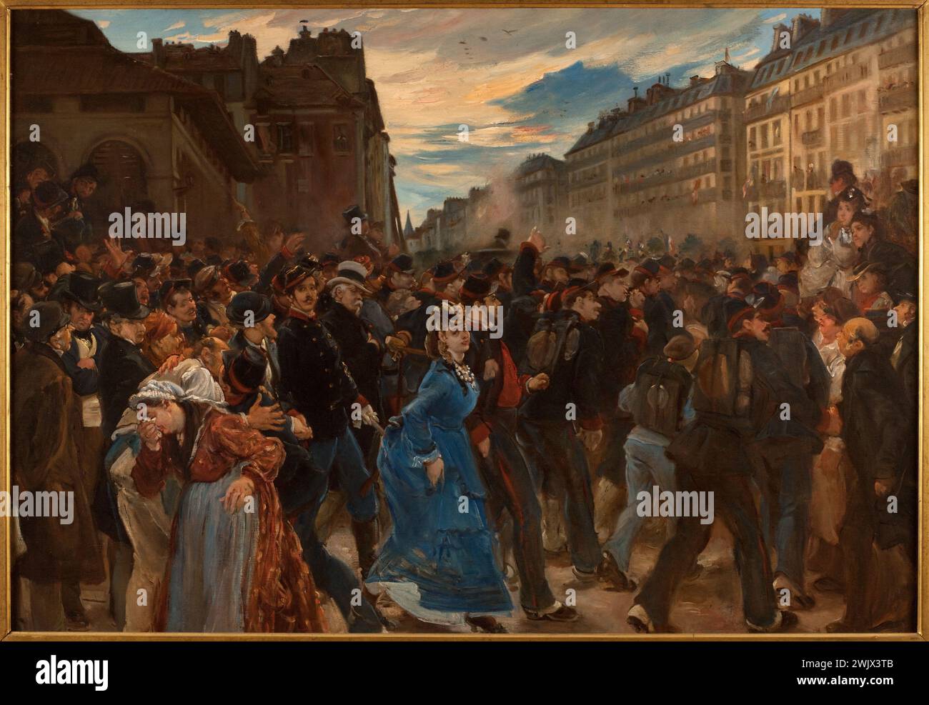 Alfred Dehodencq (1822-1882). The departure of the mobiles, August 1870. Oil on canvas. Paris, Carnavalet museum. Army, blue, conscription, departure, woman, crowd, mobile national guard, war 1870, Franco-German war, soldier, leave, cry, tears, long dress, second empire, soldier, city, 19th XIX 19th 19th 19th 19th century, oil on canvas Stock Photo