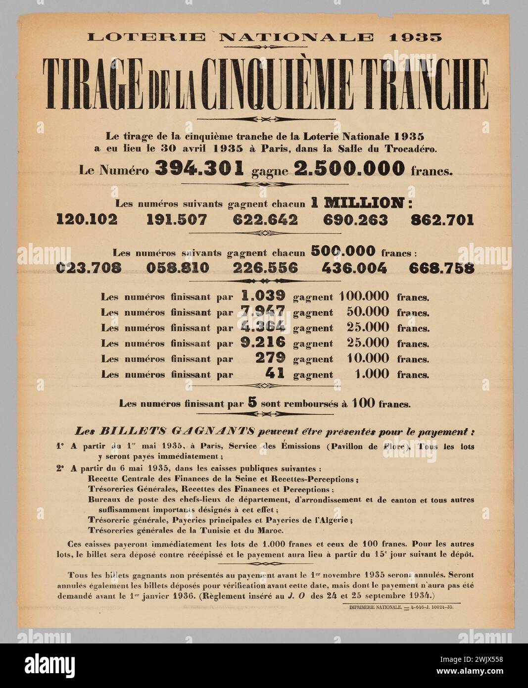 National Imprimerie, National Lottery 1935/ Draw of the Fifth Tranche (registered title (letter)), 1935. Typography on paper. Carnavalet museum, history of Paris. Stock Photo