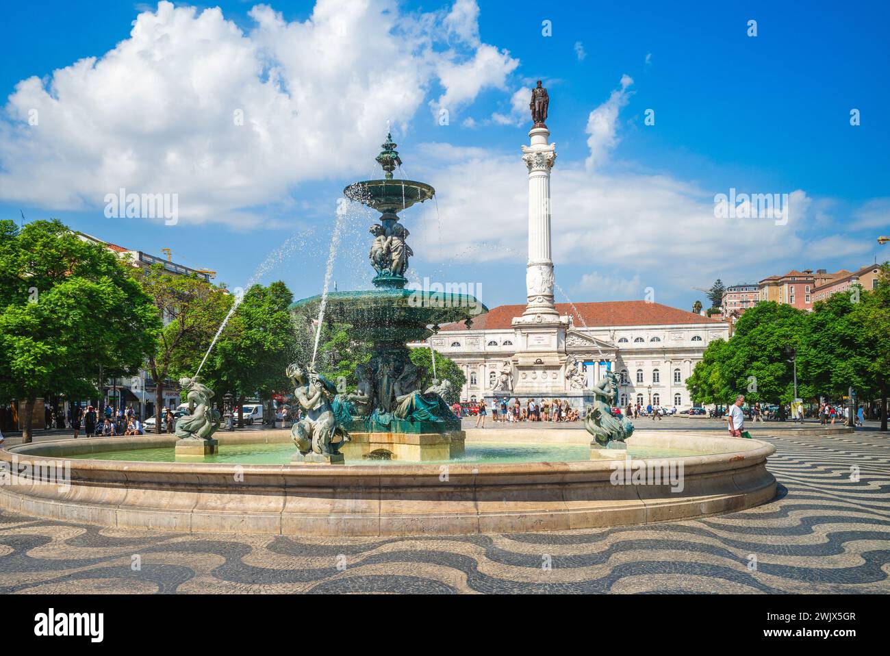 September 18, 2018, Rossio Square, aka King Pedro IV Square, in Lisbon, Portugal has been a meeting place for people of Lisbon for centuries. There ar Stock Photo