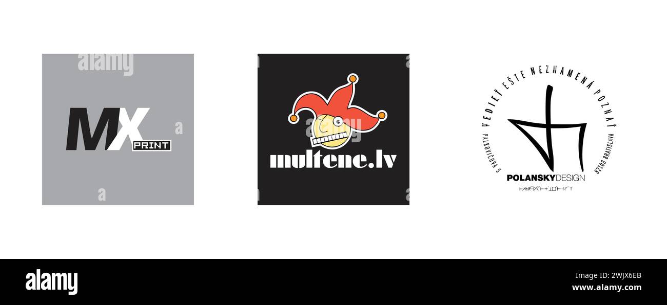 Polansky Design, Multene.lv, Mxprint. Arts and design editorial logo collection. Stock Vector