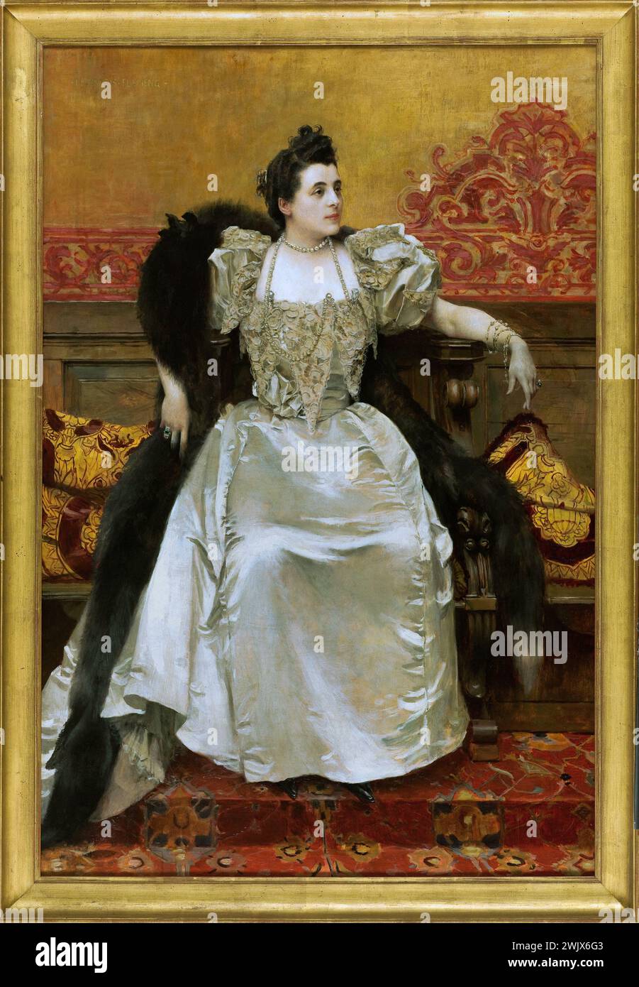 François Flameng (1856-1923). 'Portrait of Madame Gaston Menier'. Oil on wood. 1892. Museum of Fine Arts of the City of Paris, Petit Palais. 76928-26 Seat, white, boa, bourgeoisie, shiny, pearl necklace, in the foot, woman, fur, oil on wood, portrait, satin, long, alone, alone, dress Stock Photo