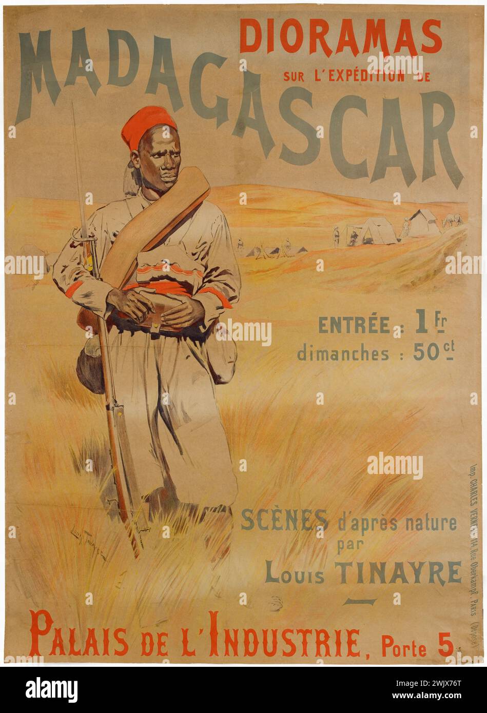 Dioramas on the expedition of Madagascar. Scenes after nature by Louis Tinayre '. Poster of Charles Verneau. General Leclerc Museum of Hauteclocque and the Liberation of Paris, Jean Moulin Museum. Poster, French conquest, diorama, industry palace, Senegalese rifleman, Expedition Stock Photo