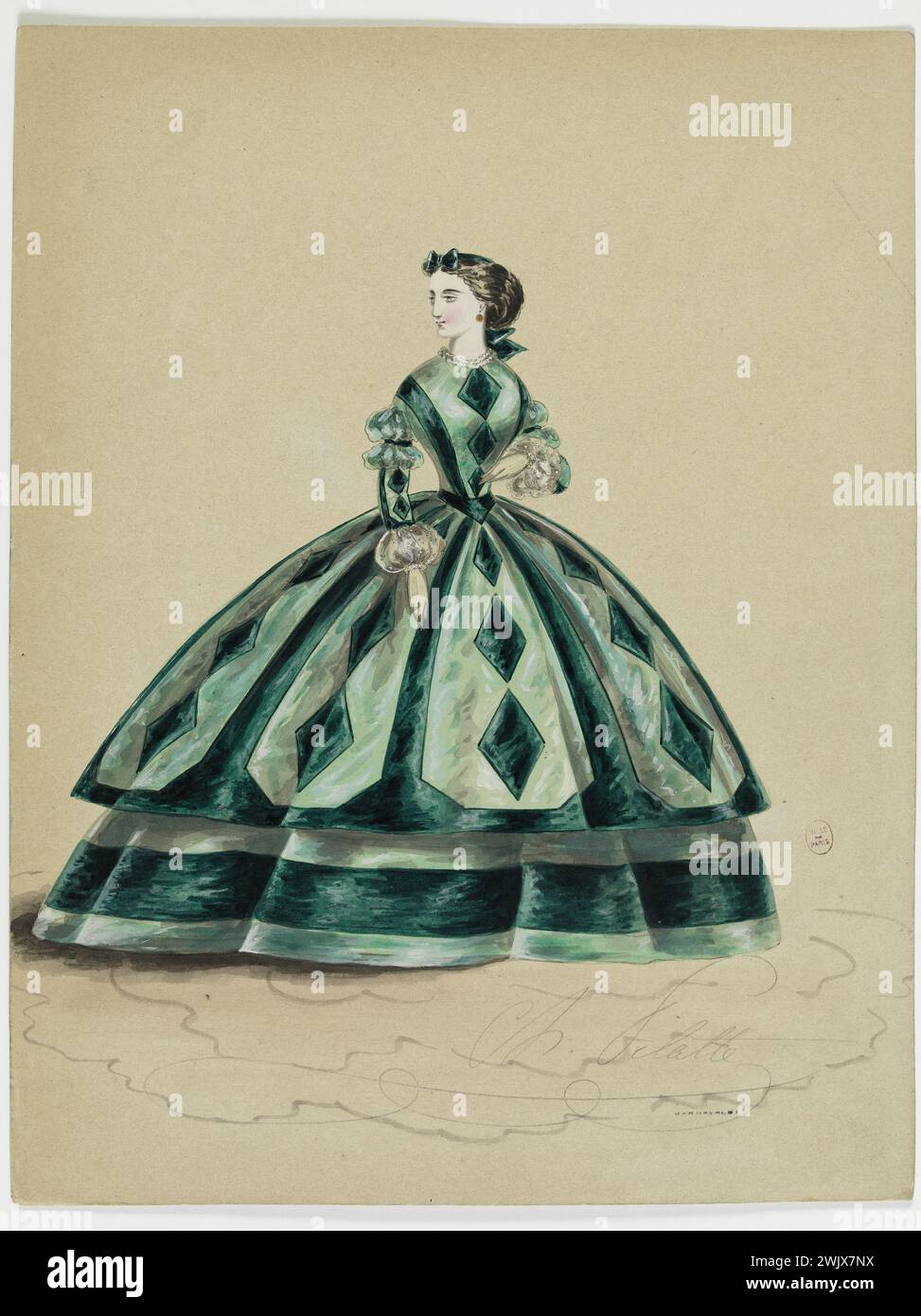 Charles Pilatte for the Ghys house. Model-figure for seamstress. Green town dress, decorated with darker green diamonds, corsage in a sleeve point, swollen cuffs on the wrist, Madame Ghys model. Watercolor on cardboard. 1860. Galliera, fashion museum of the city of Paris. 37796-1 Watercolor on Carton, album, Cursing in Pointe, Couturiere, Frisser, Young Woman, Dark Losange, Ghys house, Cuff, Moquette-Figure, Green City Dress, Second Empire Stock Photo