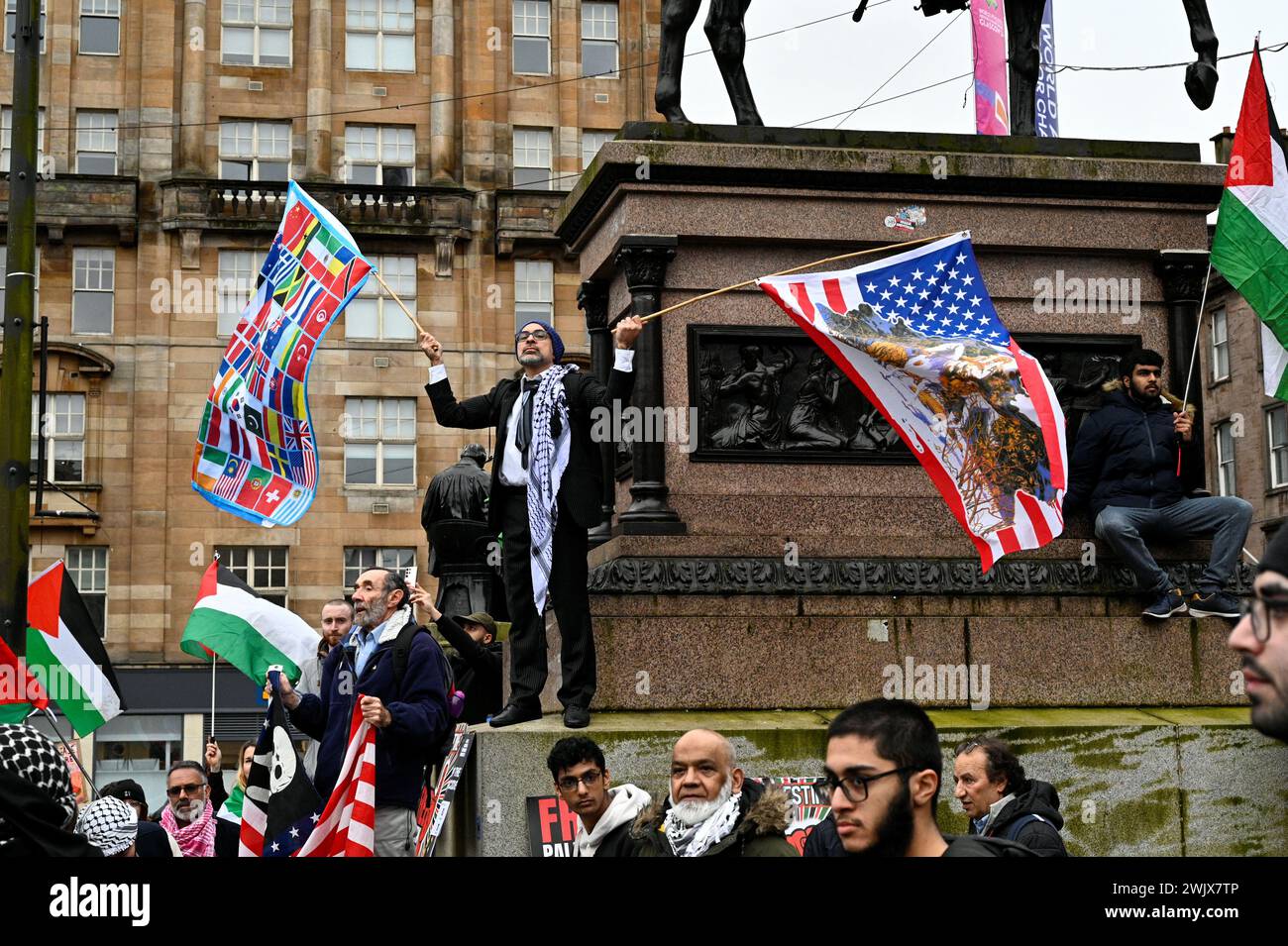 Glasgow, Scotland, UK. 17th February 2024.  Pro Palestine Rally in George Square protesting against the Israel Palestinian conflict. Various activist groups in attendance with a march planned to pass the Scottish Labour annual conference venue which started yesterday.  Credit: Craig Brown/Alamy Live News Stock Photo