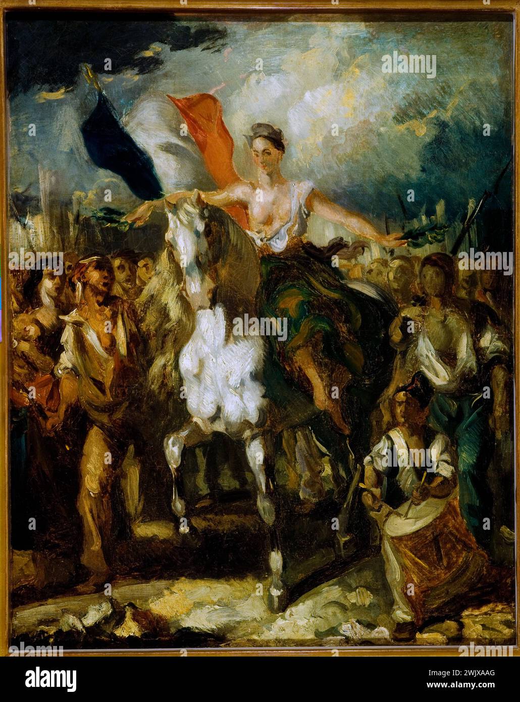 Louis Boulanger (1806-1867). 'Liberty, allegory of the days of 1830'. Oil on canvas. Paris, Carnavalet museum. Allegorie, Cavaliere, Civil, Horse, Tricolore Flag, Elan, Woman, Day, Liberte, Revolution of 1830, Revolution July 1830, Oil on canvas Stock Photo