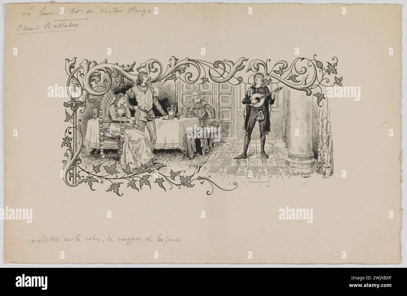 Paul Adolphe Kauffmann (Peka, 1849-1940). 'Title vignette for the chapter' Odes et Ballades '. Illustration for the' Golden Book of Victor Hugo '. Ink on paper. 1882. Paris, house of Victor Hugo. 102268-16 Song, singing, drawing, ink, woman, man, illustration of literary work, lute player, character, 19th XIX 19th 19th 19th 19th century Stock Photo