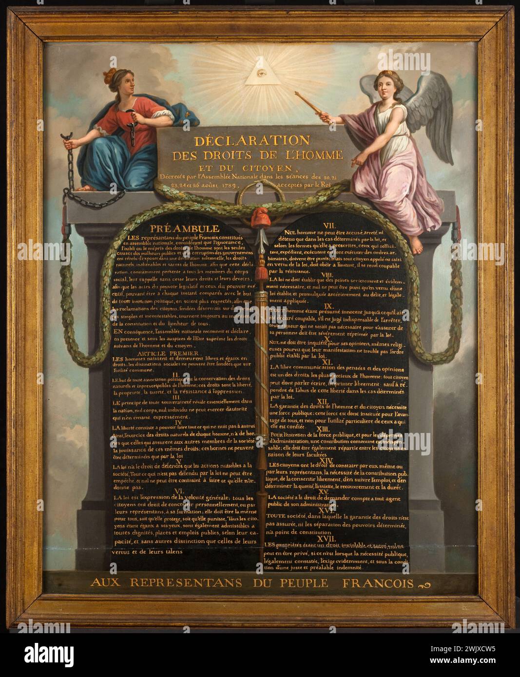 Jean-Jacques-François Le Barbier (known as the elder, attributed to, 1738-1826). 'Declaration of the rights of man and the citizen. The monarchy, holding the broken chains of tyranny, and the genius of the nation, holding the scepter of power, surround the preamble to the declaration'. Oil on wood. Paris, Carnavalet museum. Allegorical composition. The monarchy, holding the broken chains of tyranny, and the genius of the nation, holding the scepter of power, surround the preamble to the declaration. Below, the Tables of the Declaration of Rights (seventeen articles) separated by a beam of Lict Stock Photo