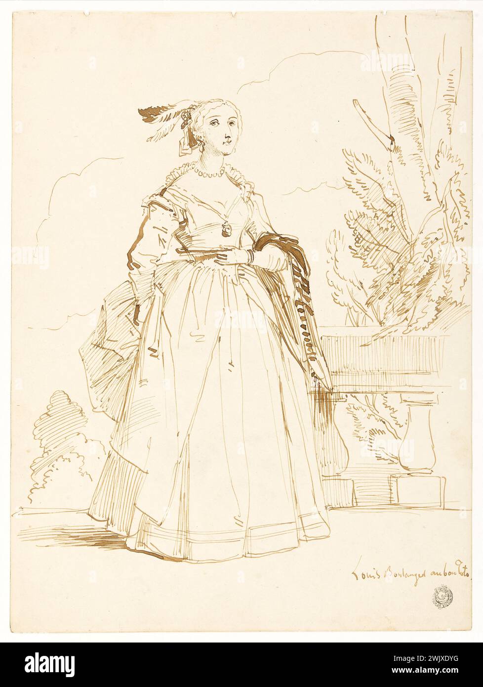 Louis Boulanger (1806-1867). 'Woman in Louis XIII costume'. Ink on paper. Paris, house of Victor Hugo. 101107-8 Costume Louis XIII, drawing, in the foot, ink, woman, portrait, 19th XIXth XIX 19th 19th 19th century Stock Photo