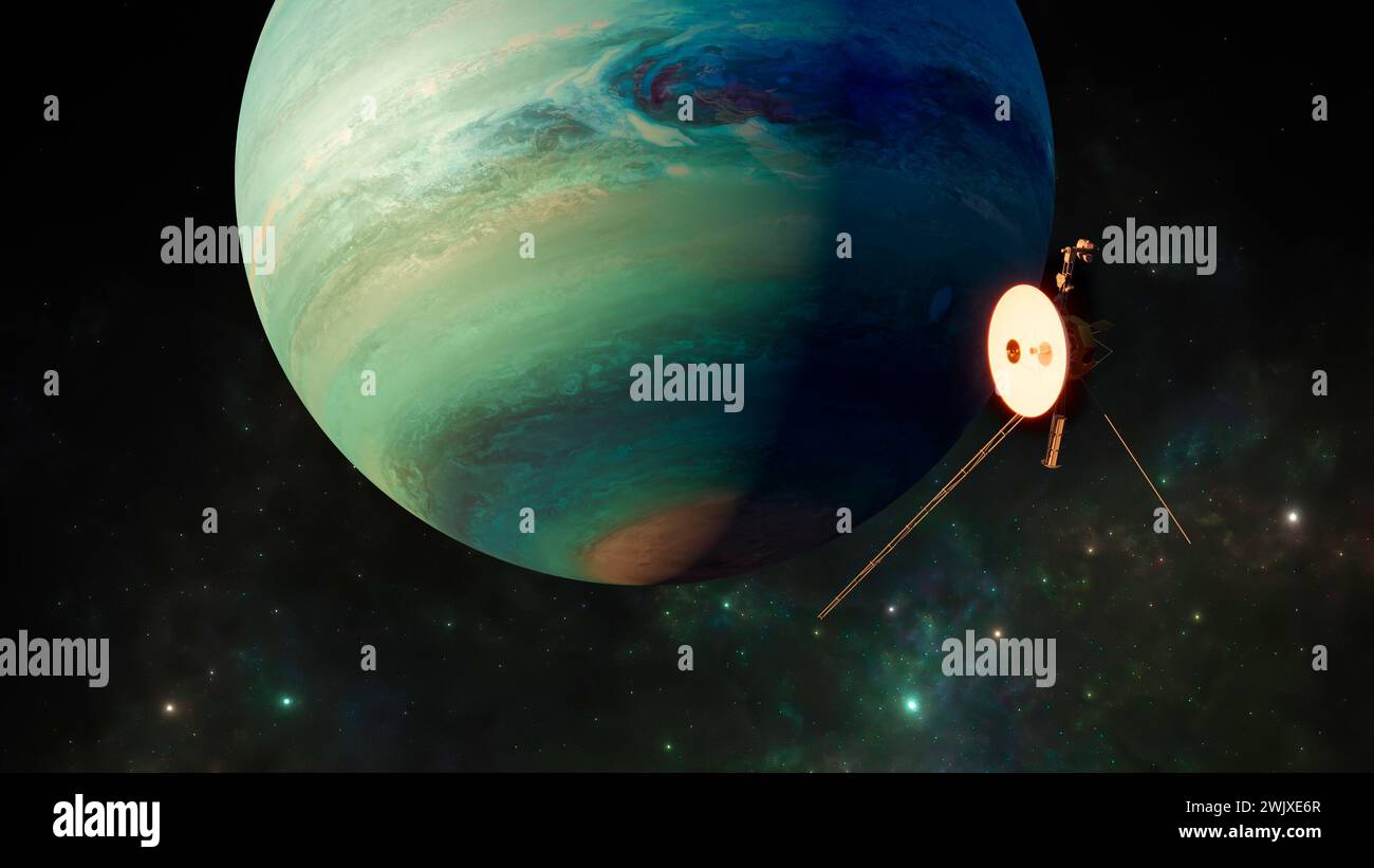 View of the planet Neptune. Voyager probe in exploration around the planet. Solar system. 3d rendering. Element of this image is furnished by Nasa Stock Photo