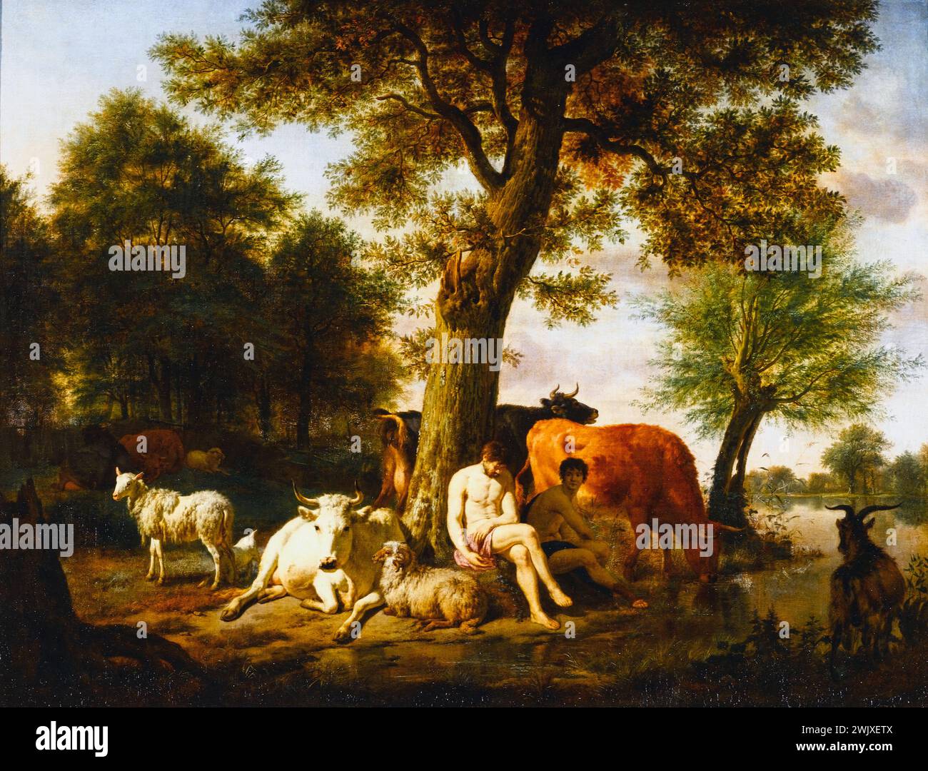 Adriaen Van de Velde (1636-1672). 'Mercury, Argus and IO', 1665. Museum of Fine Arts of the City of Paris, Petit Palais. Tree, shepherd, divinity, Greek, sheep, landscape, mythological character, rest, Roman, rest, cow Stock Photo