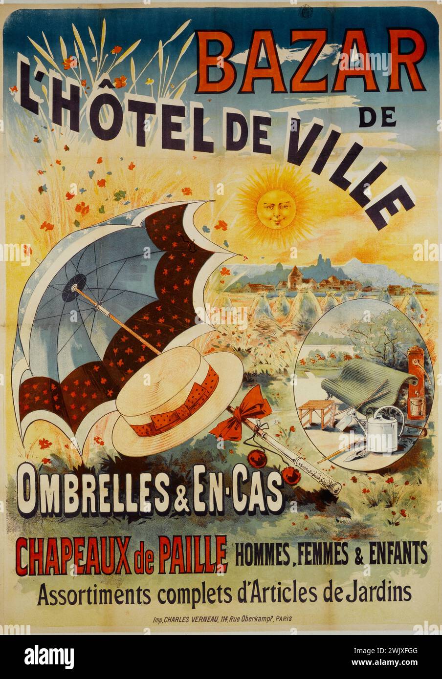Charles Verneau printing house. 'Bazaar of the town hall, grays & snacks'. Poster. Color lithography. Paris, Carnavalet museum. Water canoeoir, Garden article, poster, city hotel bazaar, BHV, boater, snacks, color lithography, shadow, sun Stock Photo
