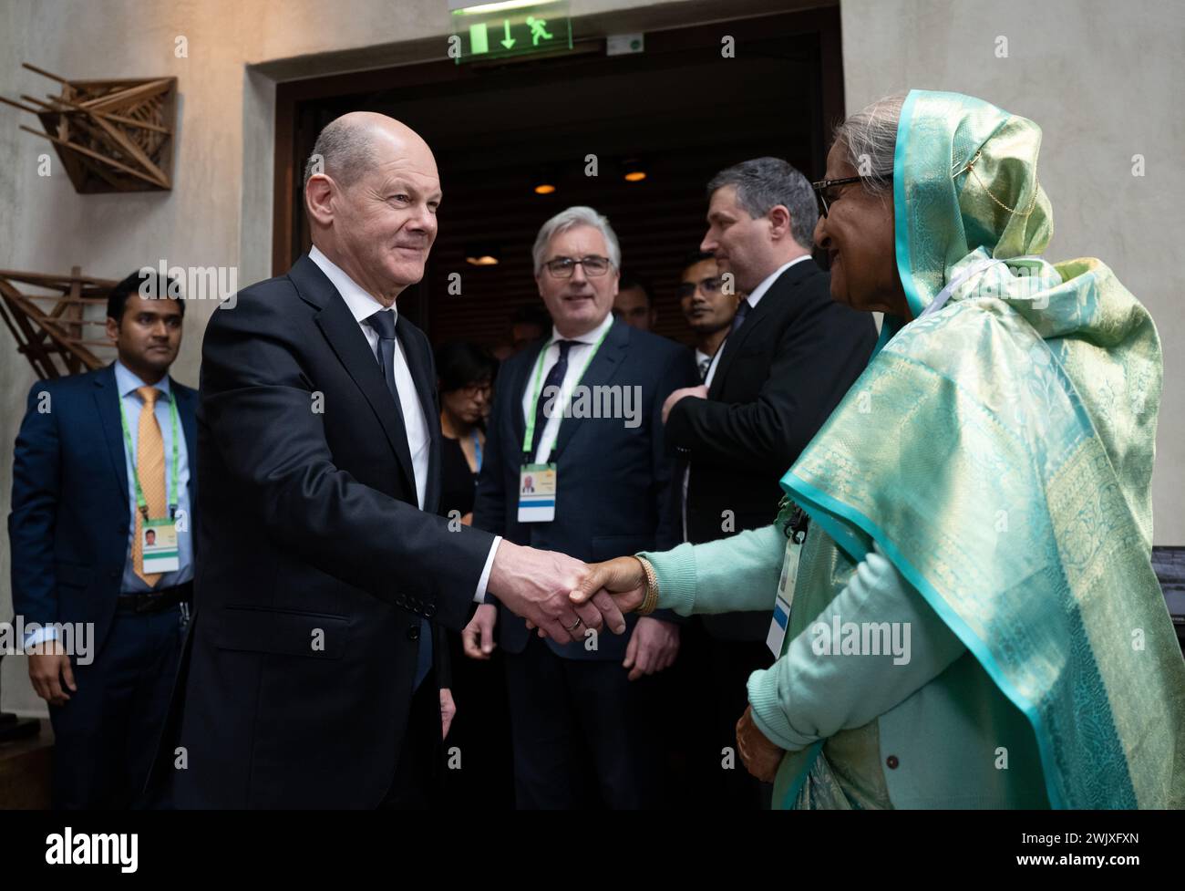 Munich, Germany. 17th Feb, 2024. Federal Chancellor Olaf Scholz (l, SPD) and Sheikh Wajed, Prime Minister of Bangladesh, meet for talks at the Munich Security Conference. Around 50 heads of state and government and more than 100 ministers from all over the world are expected to attend the 60th Munich Security Conference at the Hotel Bayerischer Hof from Friday to Sunday. Credit: Sven Hoppe/dpa/Alamy Live News Stock Photo