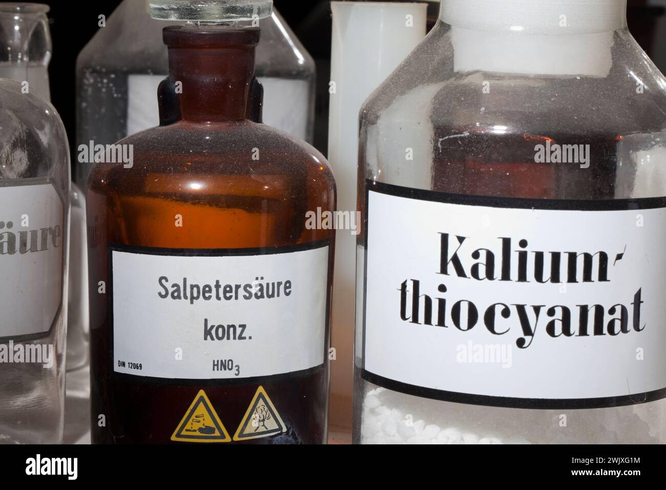 Nitric acid and Potassium thiocyanate, old chemical laboratory, Germany, Europe Stock Photo