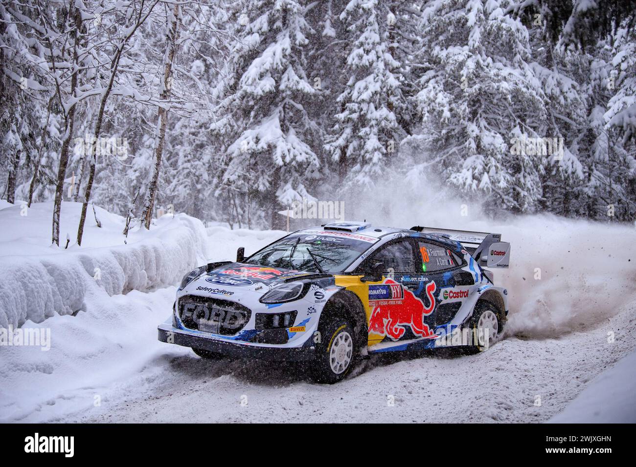 Umea, Sweden. 16th Feb, 2024. Driver Adrien Fourmaux and Alexandre Coria of M-Sport Ford World Rally Team, Ford Puma Rally1 Hybrid compete during the 2024 FIA World Rally Championship. (Photo by Luca Barsali/SOPA Images/Sipa USA) Credit: Sipa USA/Alamy Live News Stock Photo