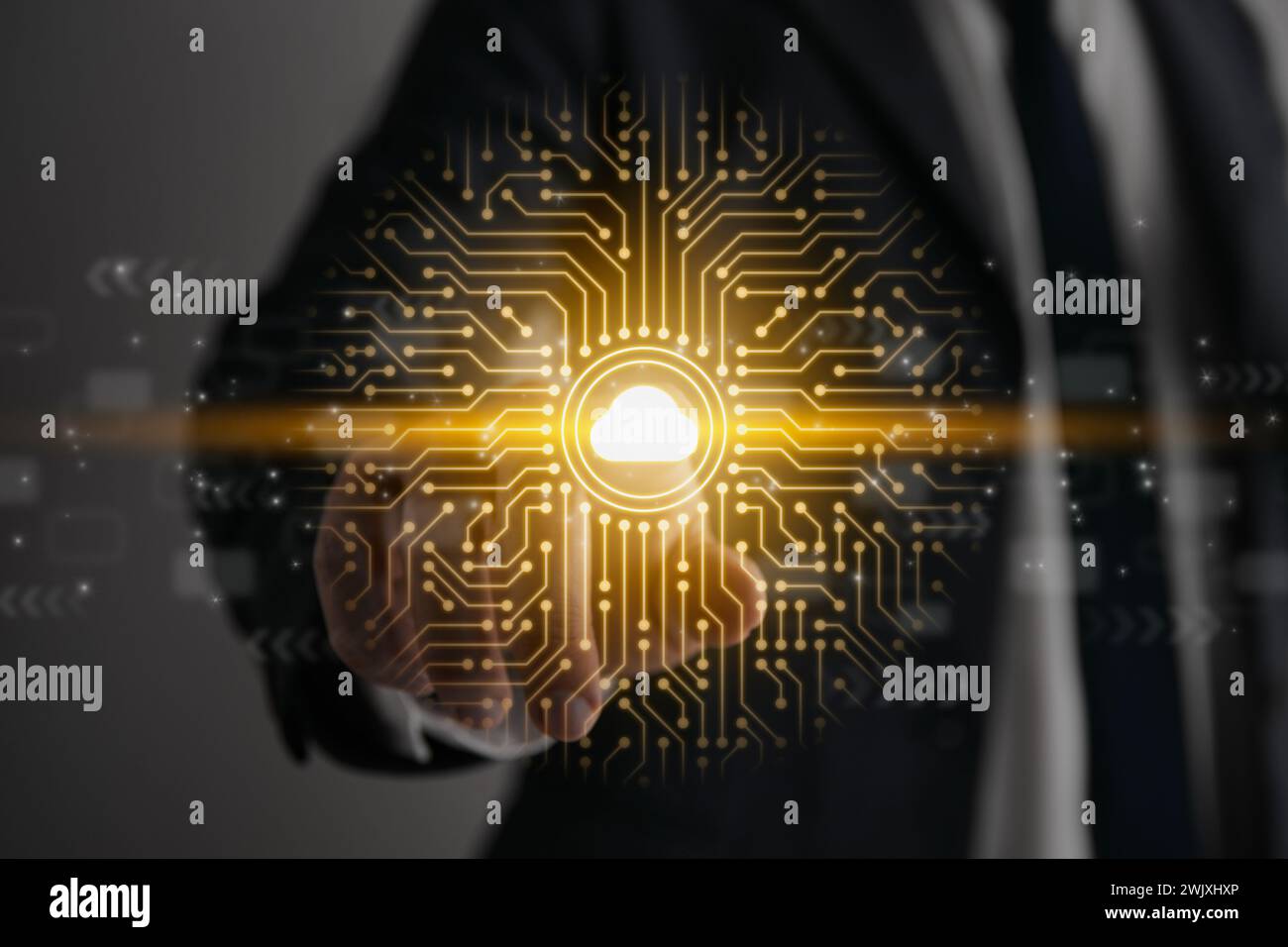 Businessman Touch Screen and Cloud Computing Technology Concept Icon and PCB Printed Circuit Line. Online Internet,Connection,Network,Communication Stock Photo
