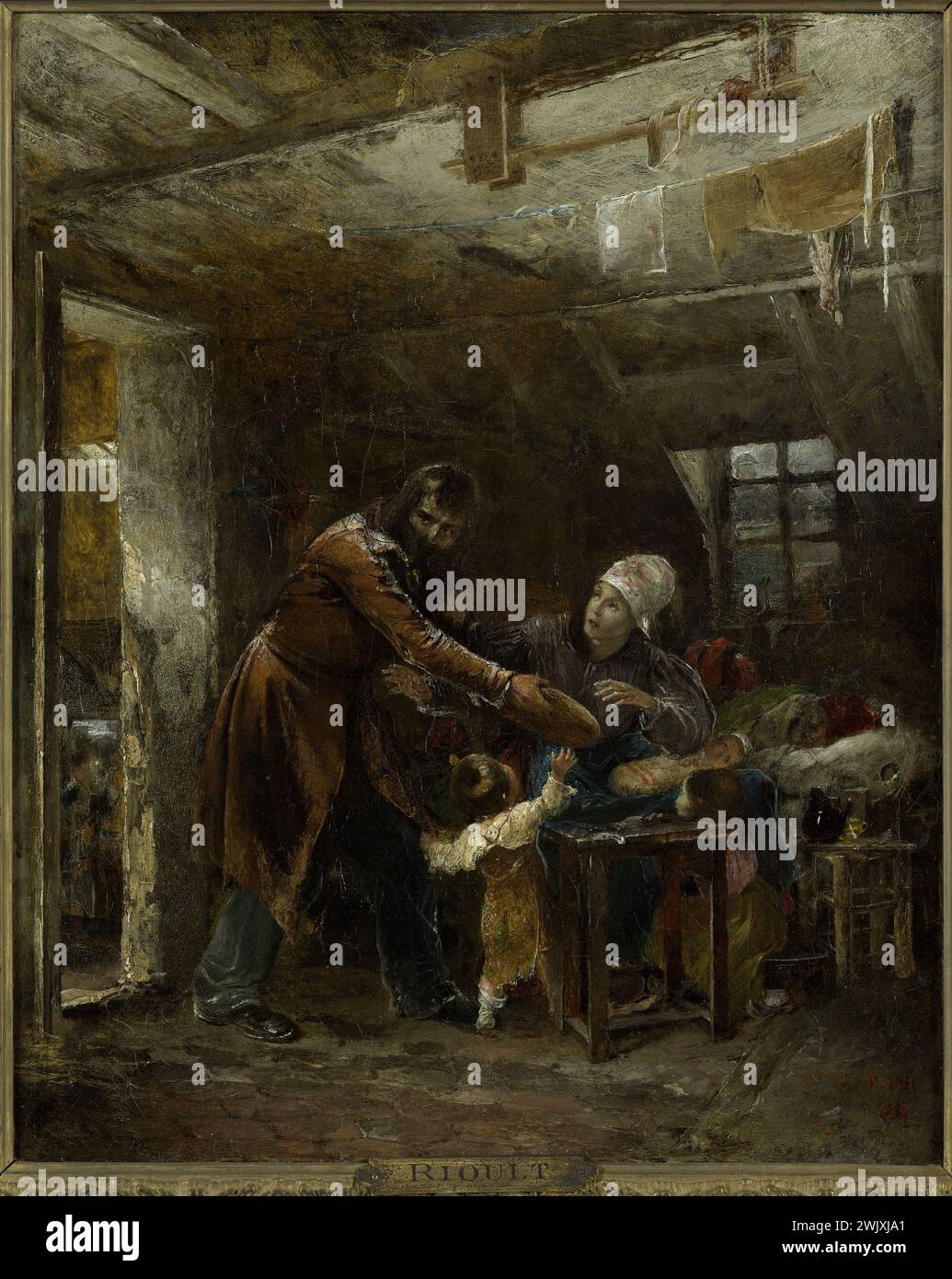 Louis-Edouard Rioult (1790-1855). 'Claude Gueux'. Oil on canvas, 1834. Paris, Victor Hugo's house. French writer, child, woman, man, illustration of literary work, misery, bread, death penalty, character, prisoner, novel, 19th 19th 19th 19th 19th 19th 19th century, oil on canvas Stock Photo