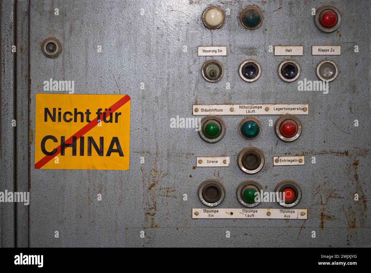 Operator panel with a sticker, NICHT FüR CHINA, not for China, former steelworks Henrichshütte, Hattingen, Ruhr district, North Rhine-Westphalia, Germ Stock Photo
