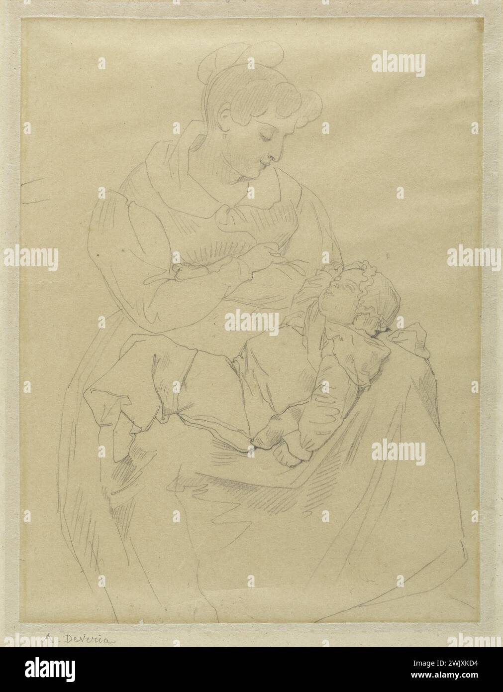 Achille Devéria. 'Mrs. Hugo and Léopoldine'. Graphite pencil on layer paper. Around 1825. Paris, house of Victor Hugo. 52739-15 Bebe, drawing, French writer, in the foot, wife, family, woman, daughter, mothering, portrait, 19th XIXth 19th 19th 19th 19th century Stock Photo