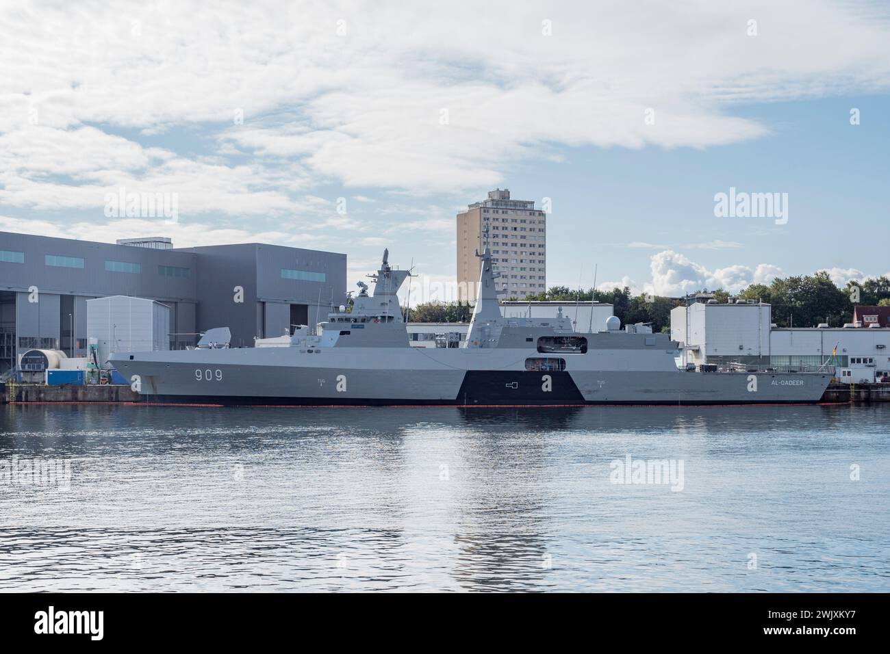 The ENS Al-Qadeer, an Al-Aziz-class frigates of the Egyptian Navy, moored in the harbour in Kiel, Germany. Stock Photo