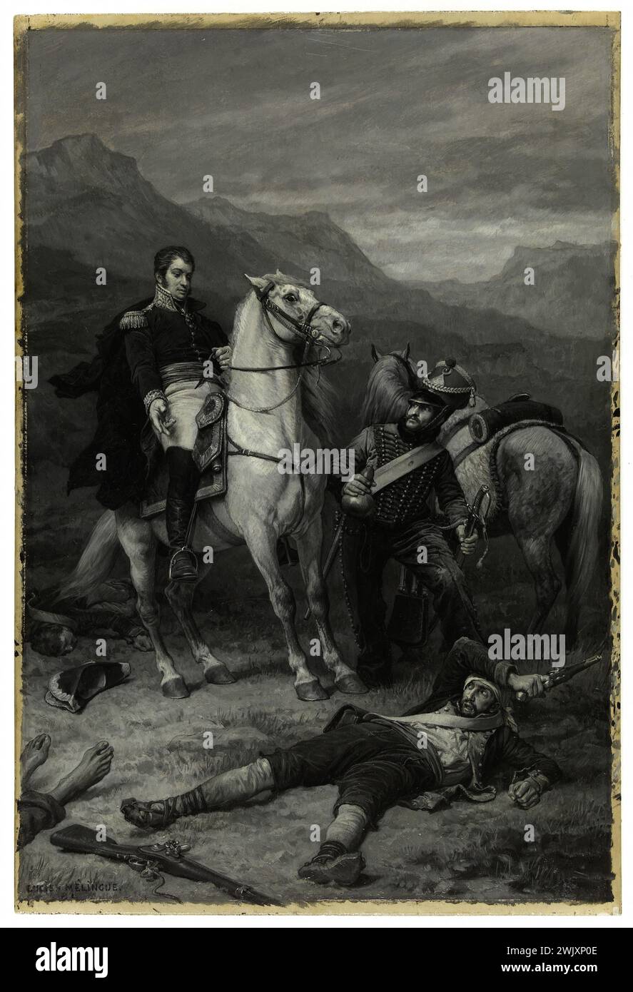 Lucien MELINGUE after the battle. Wood oil, around 1881. Paris, Victor Hugo's house. Hauteville House. 74741-15 Weapon, battle, injure, horse, Spanish, gourd, oil on wood, mountain, pistol, French writer poem Stock Photo