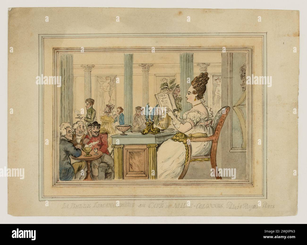 Rowlandson, Thomas (N.1756-07-14-D.1827-04-22), Madame Romain, La Belle Limonadière at Café de Mille-Colonnes, Palais-Royal. (Dummy title). Carnavalet museum, history of Paris. Stock Photo