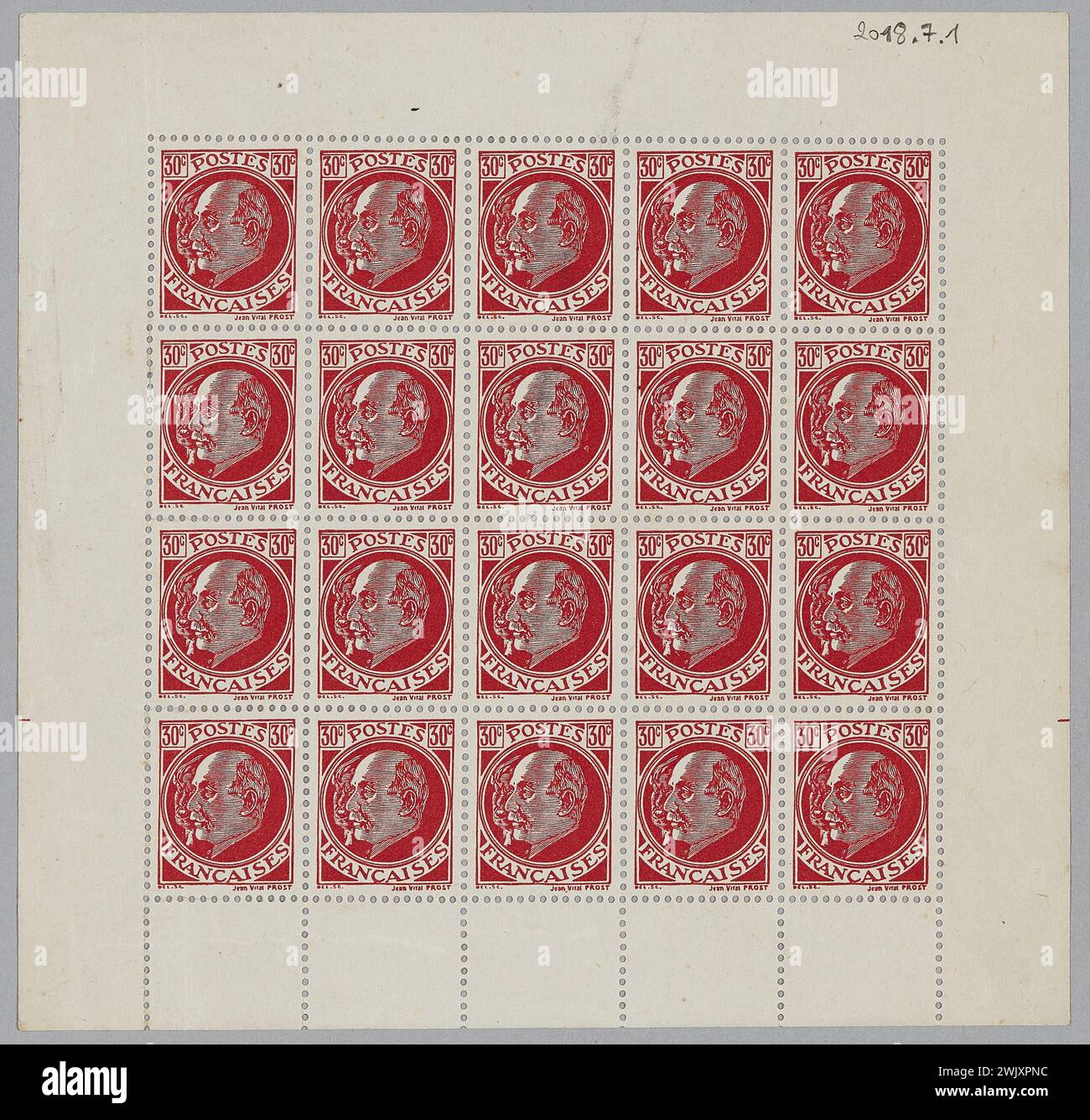 Central information and action office (BCRA) (n. - d.), Plate of twenty false stamps Pétain -Laval 30c issued by the BCRA (attributed title), 1942. Printed paper. Museum of the Liberation of Paris - General Leclerc Museum - Jean Moulin Museum. Stock Photo