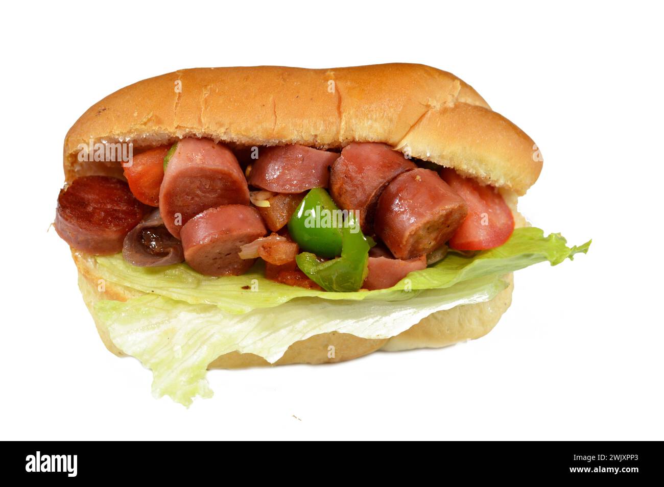 Partially sliced hotdog bun with slices of hot dog grilled beef sausage