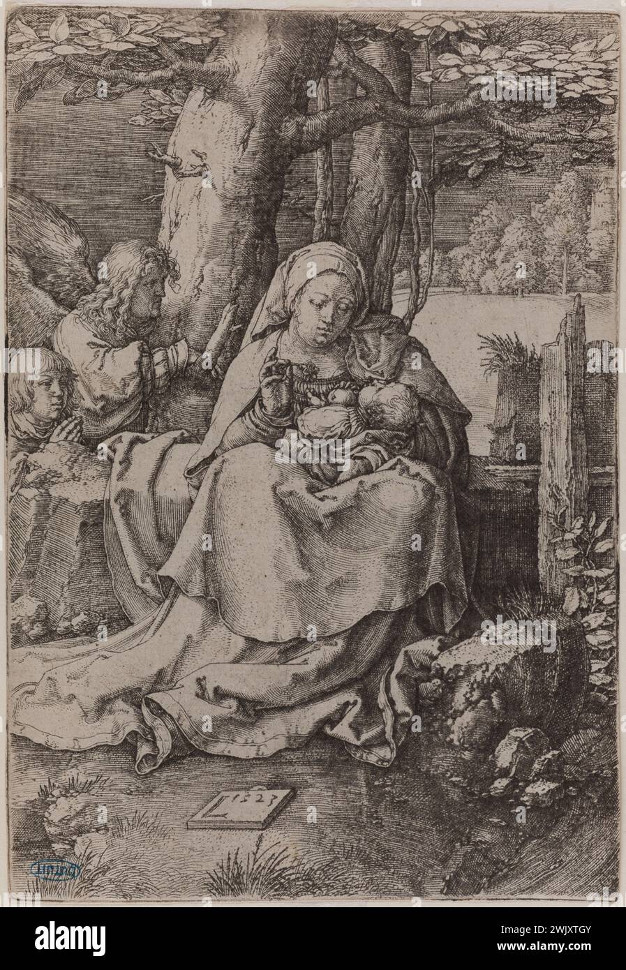 Lucas de Leyde. The Virgin and Child in a landscape with two angels (Bartsch 84). Chisel. 1523. Museum of Fine Arts of the City of Paris, Petit Palais. 78968-29 Religious art, bible, religious iconography, biblical character, 16th 16th 16th 16th 16th 16 century, engraving Stock Photo