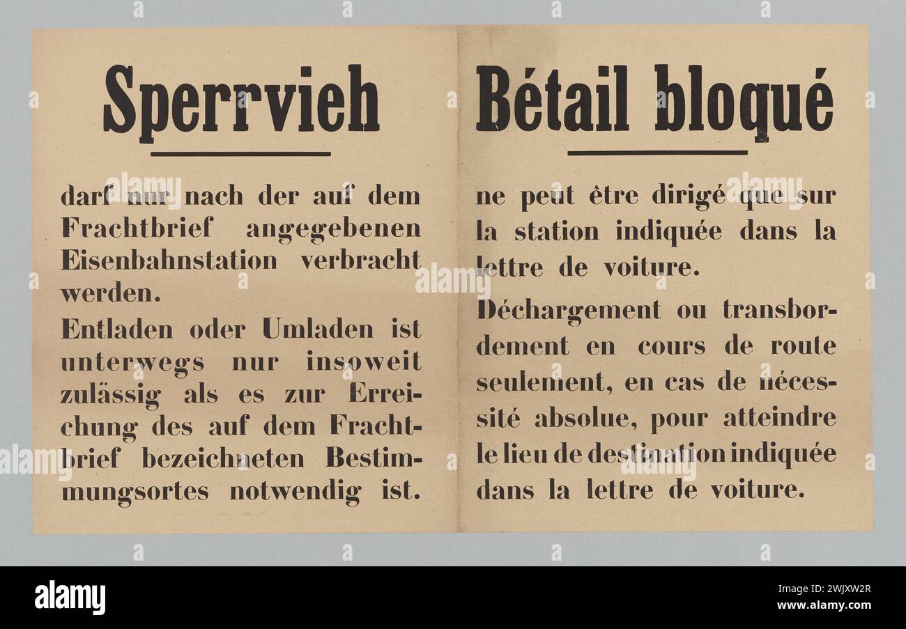 Anonymous, blocking cattle/ may only be spent according to the one specified on the/ freight letter/ railway station. [...) Bétail Bloqué (Titre Inscrit (Lettre)), 1940. Typography. Musée Carnavalet, Histoire de Paris. Stock Photo