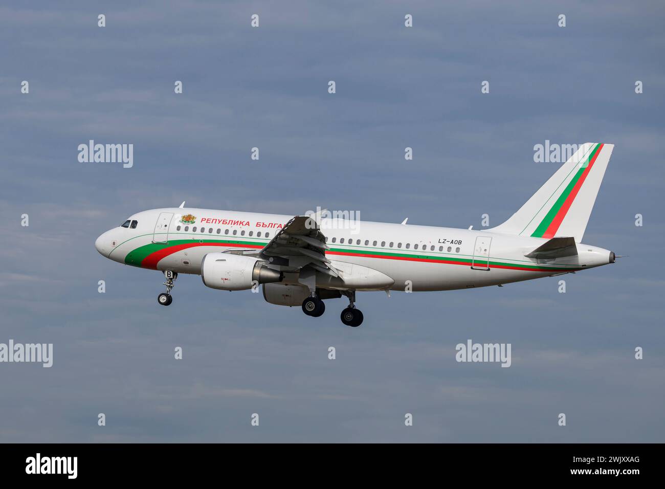 Munich, Germany - February 16. 2024 :  Bulgarian Government Airbus A319-112  with the aircraft registration LZ-AOB  lands as part of the Munich Securi Stock Photo