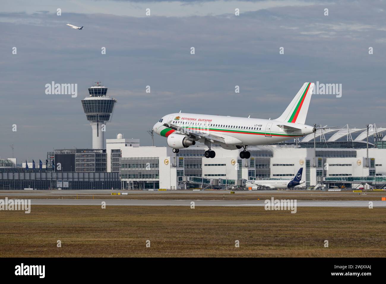 Munich, Germany - February 16. 2024 :  Bulgarian Government Airbus A319-112  with the aircraft registration LZ-AOB  lands as part of the Munich Securi Stock Photo