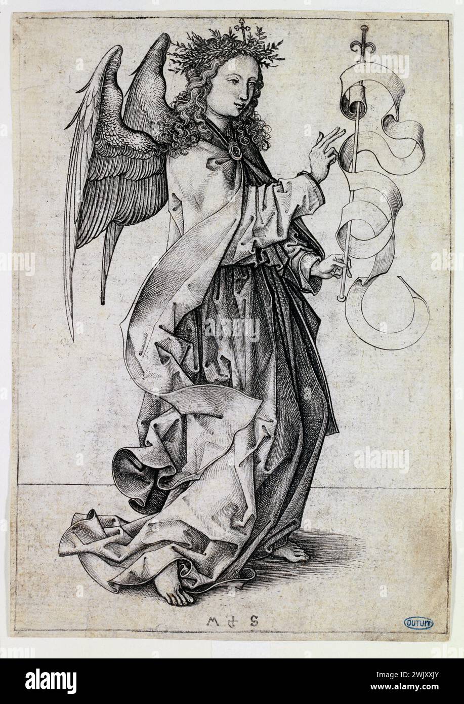 Martin Schonguer (1450-1491). 'The Angel of the Annunciation' (B1). Engraving. Museum of Fine Arts of the City of Paris, Petit Palais. 56495-4 Androgyne, angel, Annunciation, Bring, Archangel, Chretian art, Figurative art, Medieval art, religious art, beauty, blessing, Christianity, standing, foot, medieval epoque, wing figure, hand gesture, chretian iconography, religious iconography, Message, Messenger, Middle Ages, New Testament, wing character, biblical character, biblical scene, religious scene, alone, 15th XV 15th 15th 15th century, engraving Stock Photo