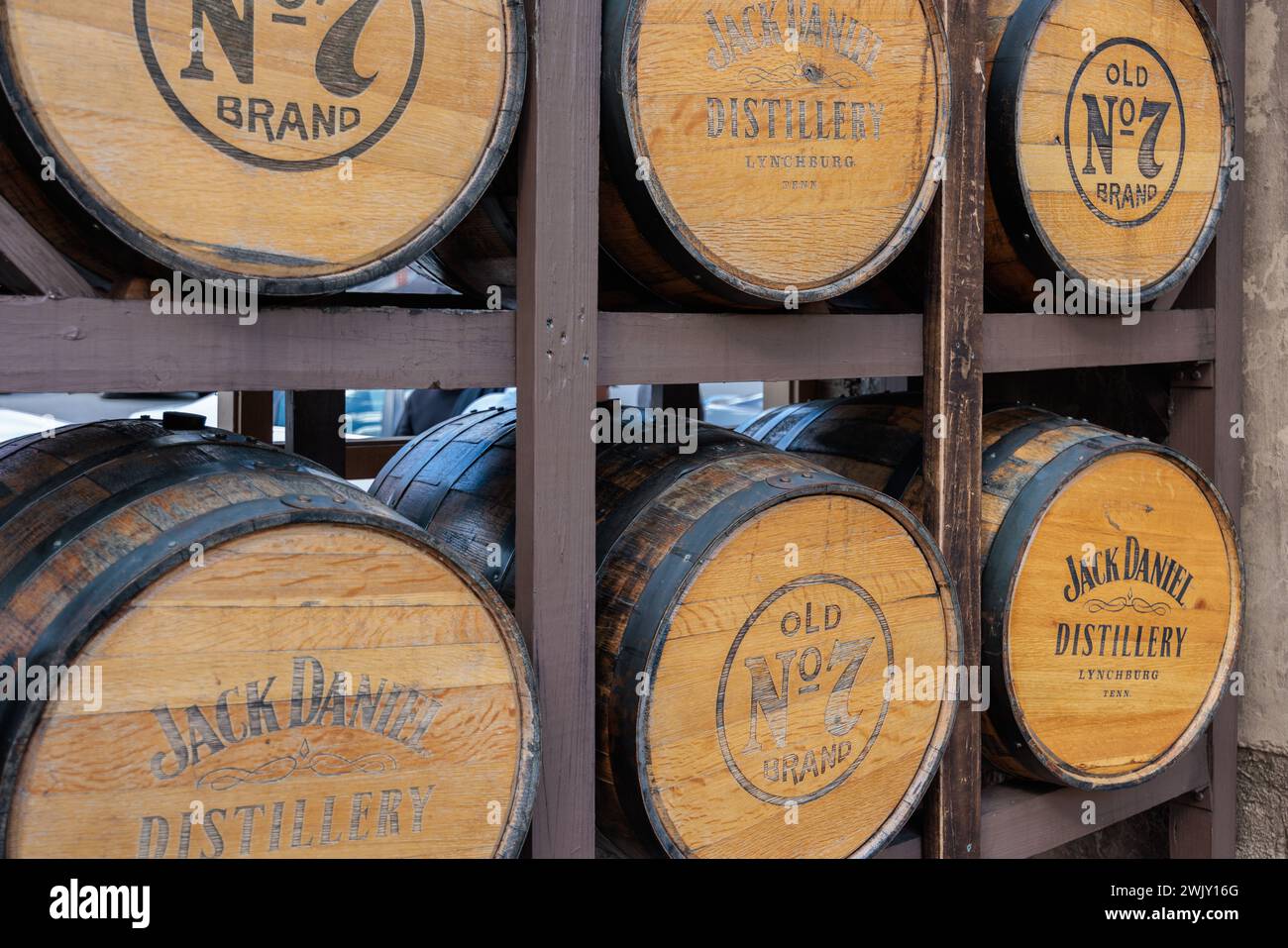 Wooden whiskey barrels on display in downtown Lynchburg, Tennessee Stock Photo Alamy