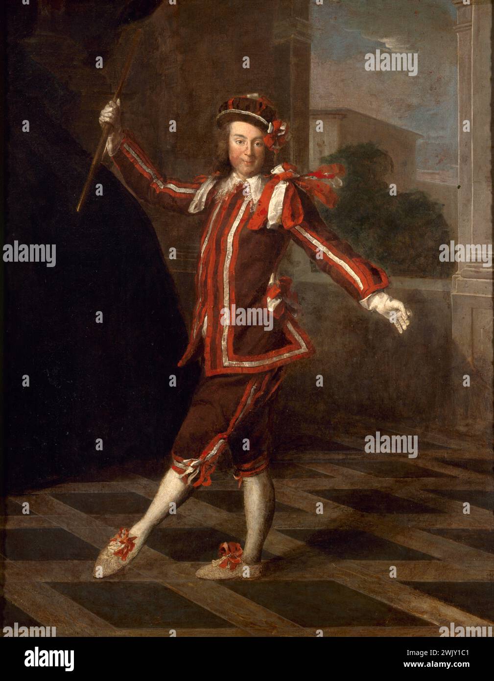 Mezzetin dancing, around 1720 '. Anonymous painting. Oil on canvas. Paris, Carnavalet museum. Italian Comedy, Costume, Dance, Dancer, French School, Mezzetin, Comedie character Stock Photo