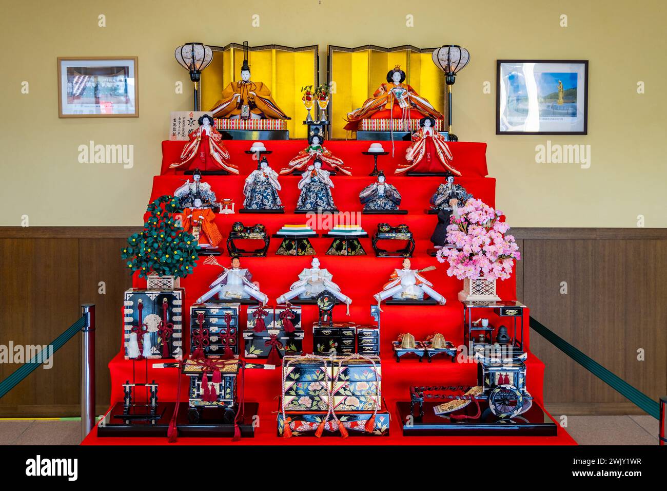 Colorful traditional dolls are in display to celebrate Hina Matsuri (Doll Festival or Girls' Festival) on March 3rd every year. Izumi, Japan. Stock Photo