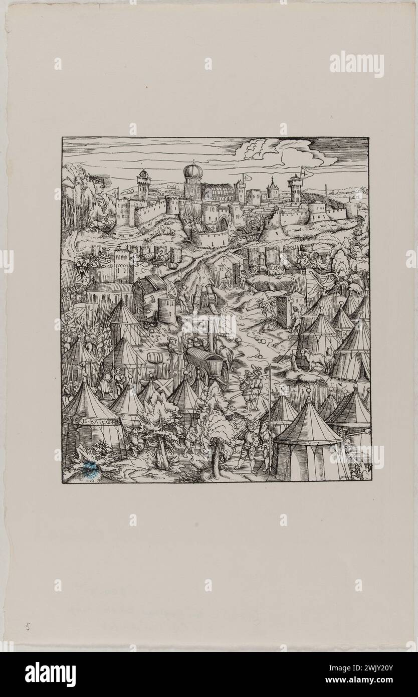 Hans Burgkmair, known as the old (1473-1531). Der Weisse Koenig: the seat of a stronghold (Dornik-Eger 29). Xylography, 1512-1519. Museum of Fine Arts of the City of Paris, Petit Palais. Drawing, emperor, history, illustration, serious board, triumph, 16th 16th XVI 16th 16th 16th century, xylography, engraving Stock Photo