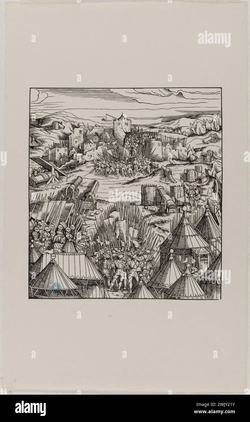 Hans Burgkmair, known as the old (1473-1531). Der Weisse Koenig: a castle to which we assault: sixth issue of the suite of eight plates published in 1869 (Dornik-Eger 29). Xylography, 1512-1519. Museum of Fine Arts of the City of Paris, Petit Palais. Drawing, emperor, history, illustration, serious board, triumph, 16th 16th XVI 16th 16th 16th century, xylography, engraving Stock Photo