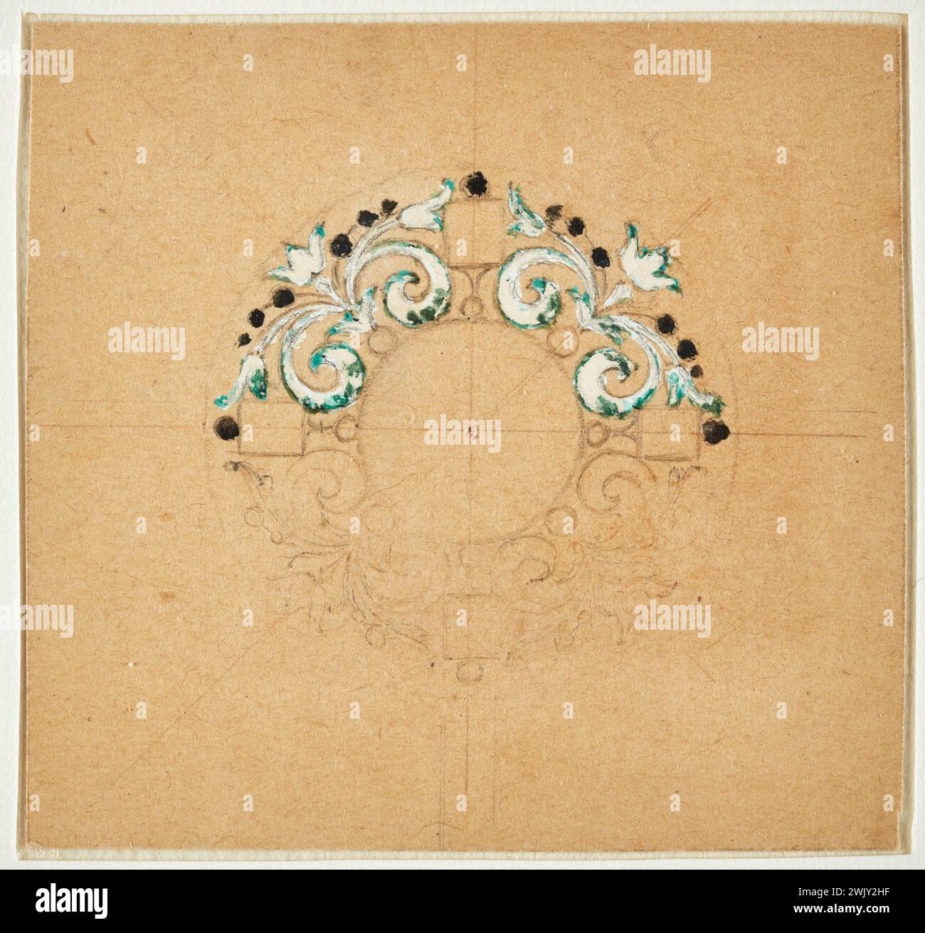 Fanière brothers, enameled spindle. Project (main title). Graphite, gouache on beige paper. Petit Palais, Museum of Fine Arts of the City of Paris. Stock Photo