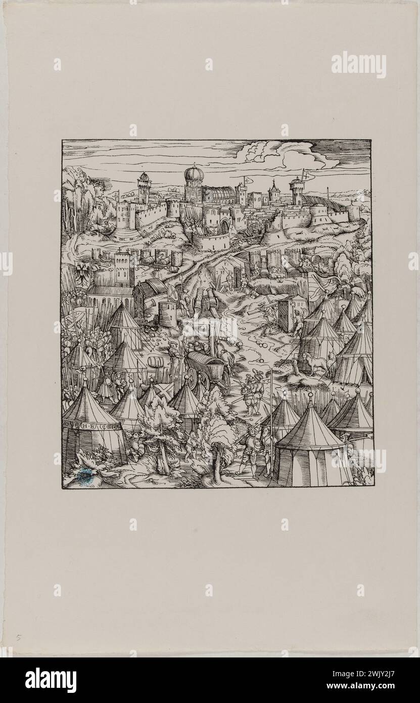 Hans Burgkmair, known as the old (1473-1531). Der Weisse Koenig: the seat of a stronghold (Dornik-Eger 29). Xylography, 1512-1519. Museum of Fine Arts of the City of Paris, Petit Palais. Drawing, emperor, history, illustration, serious board, triumph, 16th 16th XVI 16th 16th 16th century, xylography, engraving Stock Photo