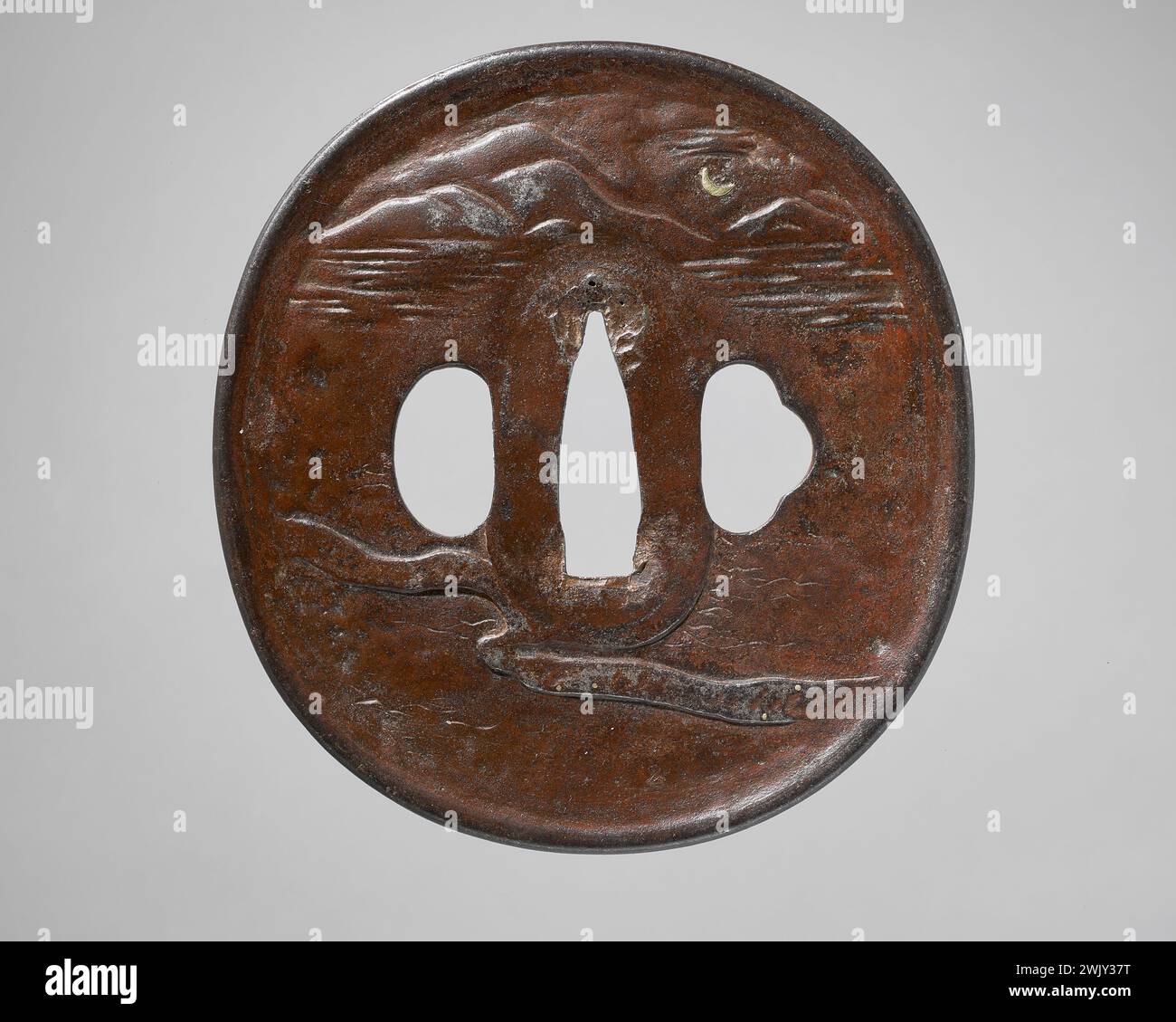 Zogan Inlay Tsuba (common name). Suki - Dashi - Bori - Kin - Zôgan (gold inlays ...