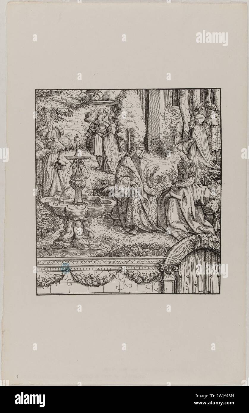 Hans Burgkmair, known as the old (1473-1531). Der Weisse Koenig: Maximilien and Marie de Bourgogne seated near a fountain (Dornik-Ege 29). Xylography, 1512-1519. Museum of Fine Arts of the City of Paris, Petit Palais. Drawing, emperor, history, illustration, serious board, triumph, 16th 16th XVI 16th 16th 16th century, xylography, engraving Stock Photo