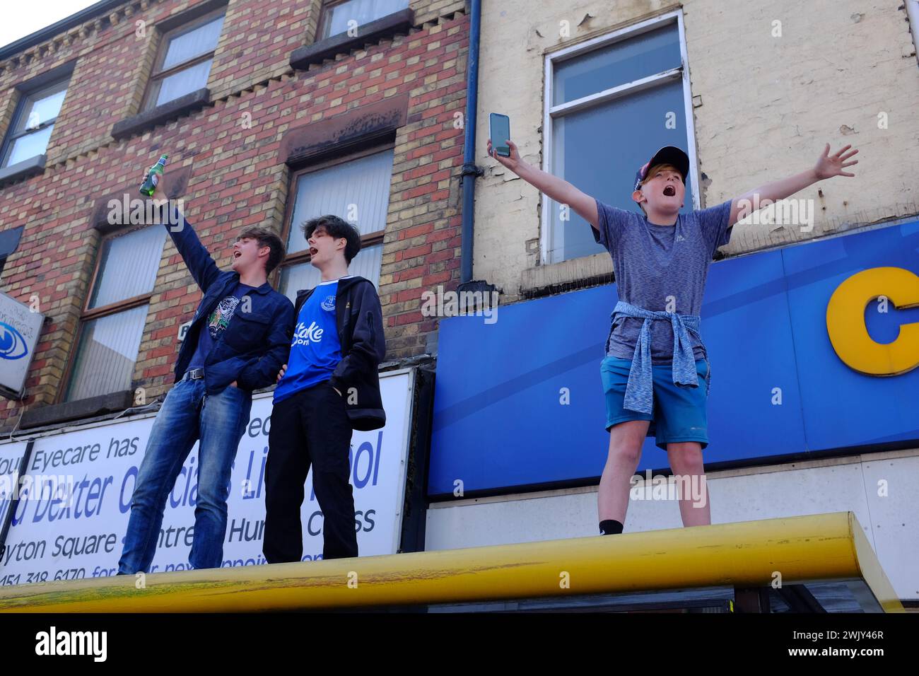 Everton fans demonstrate against the 10 point deduction imposed on the club for breaking PSR Rules. Stock Photo