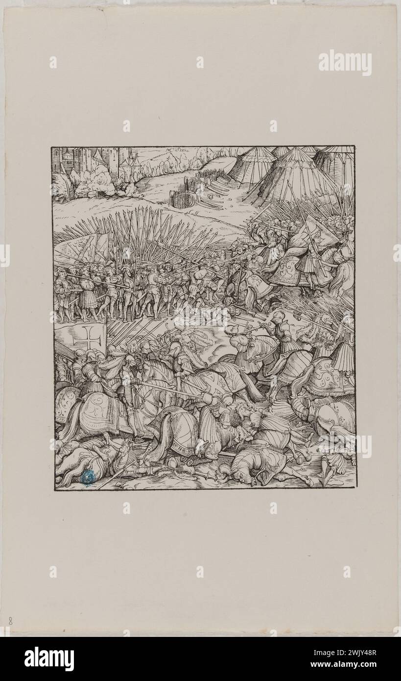 Hans Burgkmair, known as the old (1473-1531). Der Weisse Koenig: A battle: eighth issue of the suite of eight plates published in 1869 (Dornik-Eger 29). Xylography, 1512-1519. Museum of Fine Arts of the City of Paris, Petit Palais. Drawing, emperor, history, illustration, serious board, triumph, 16th 16th XVI 16th 16th 16th century, xylography, engraving Stock Photo