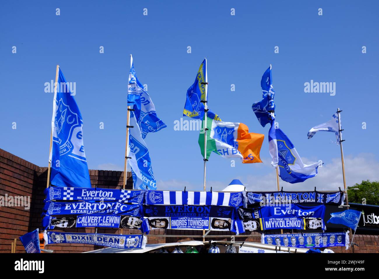 Everton fans demonstrate against the 10 point deduction imposed on the club for breaking PSR Rules. Stock Photo