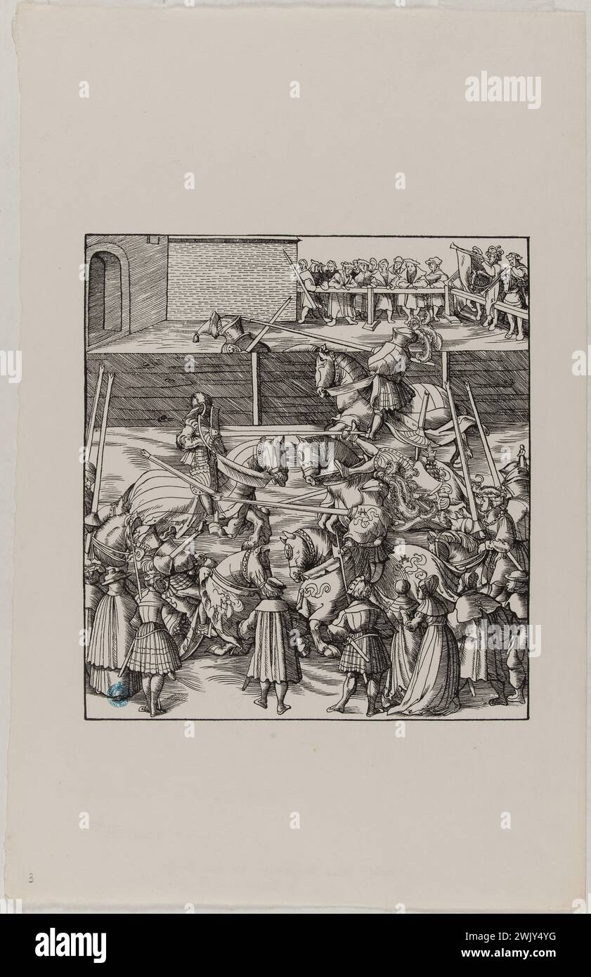 Hans Burgkmair, known as the old (1473-1531). Der Weisse Koenig: Tournament with several juers (Dornik-Ege 29). Xylography, 1512-1519. Museum of Fine Arts of the City of Paris, Petit Palais. Drawing, emperor, history, illustration, serious board, triumph, 16th 16th XVI 16th 16th 16th century, xylography, engraving Stock Photo