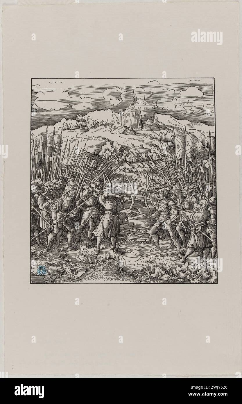 Hans Burgkmair, known as the old (1473-1531). Der Weisse Koenig: fight between two troops of infantrymen: seventh issue of the suite of eight plates published in 1869 (Dornik-Eger 29). Xylography, 1512-1519. Museum of Fine Arts of the City of Paris, Petit Palais. Drawing, emperor, history, illustration, serious board, triumph, 16th 16th XVI 16th 16th 16th century, xylography, engraving Stock Photo